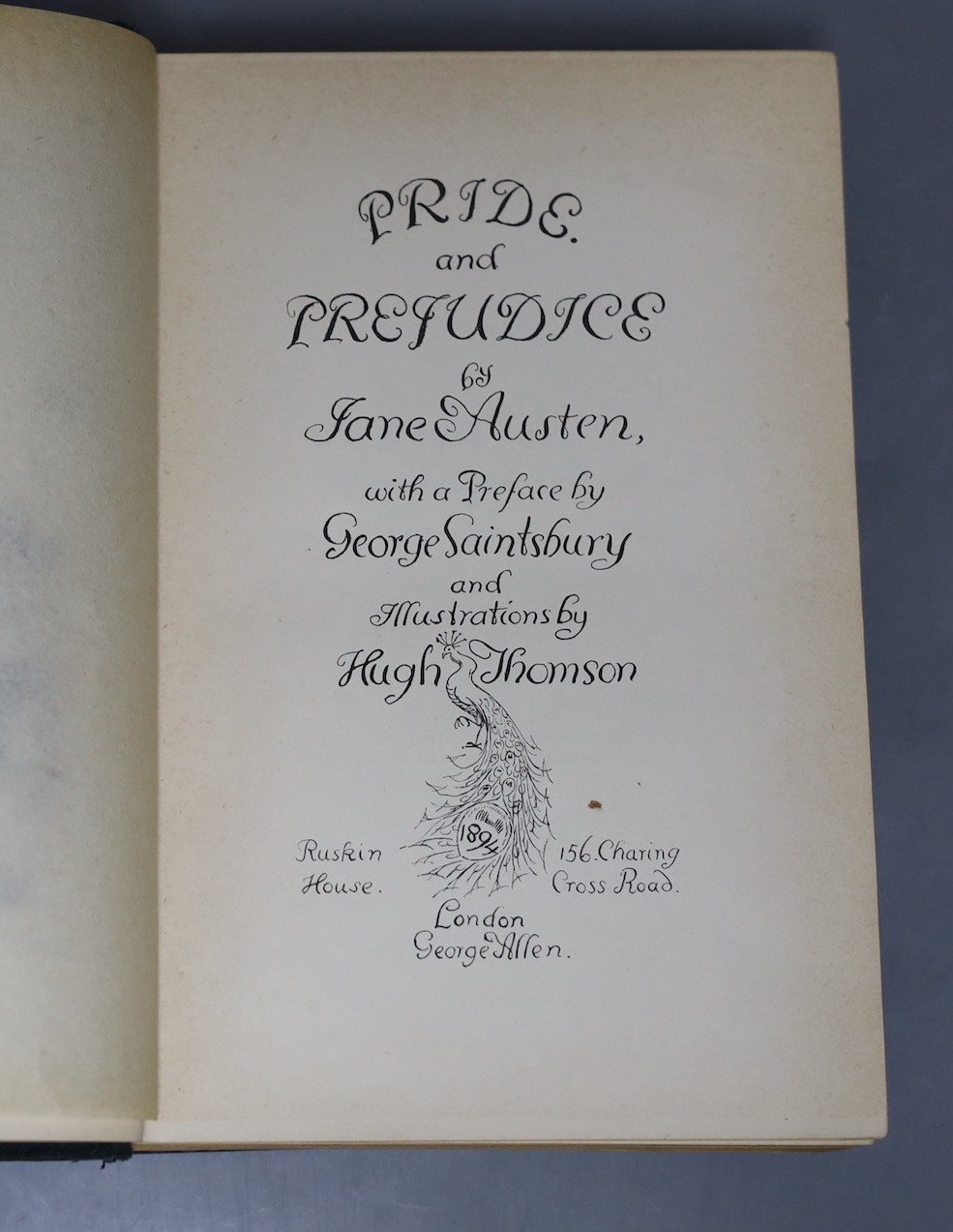 Austen, Jane - Pride and Prejudice, ‘’Peacock’’ edition, illustrated by Hugh Thomson, 8vo, original blue cloth gilt, front outer and rear inner joints split, George Allen, London, 1894